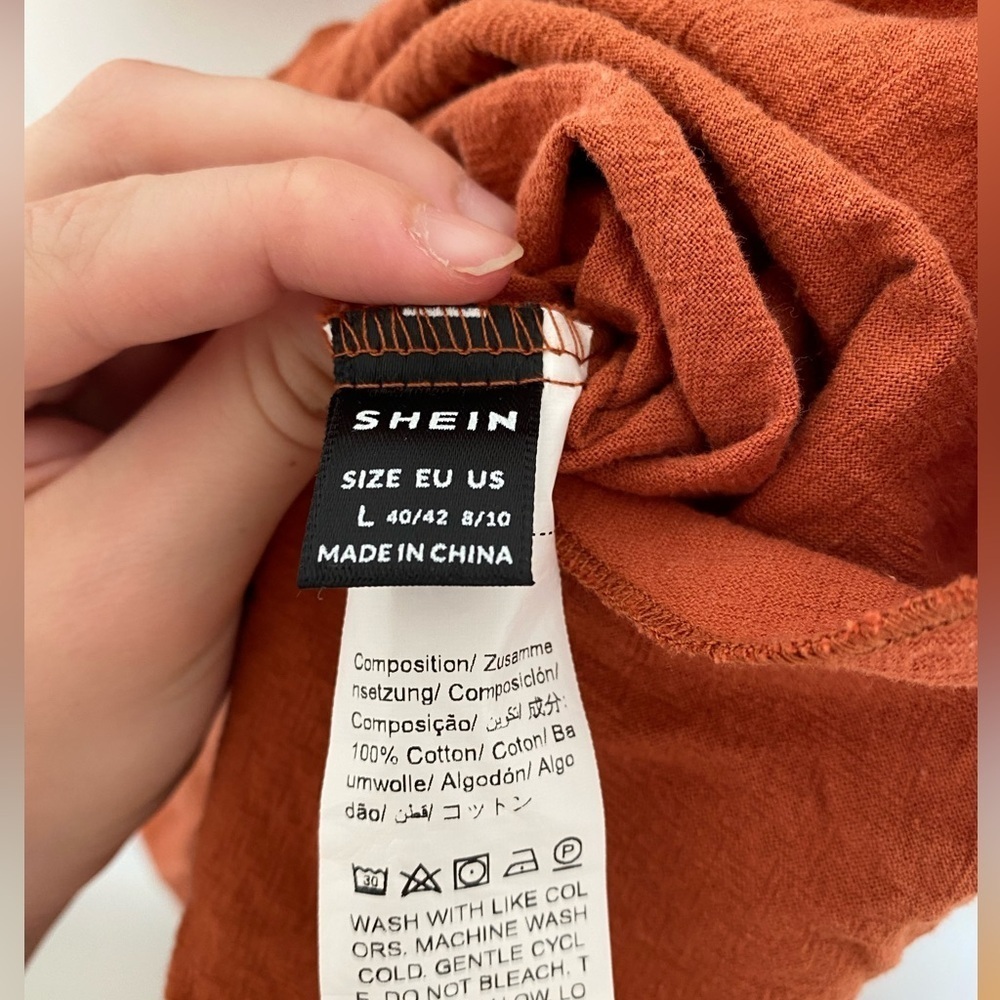 SHEIN Women’s 100% cotton Linen Feel Tie Orange Romper in Size L - Picture 3 of 4